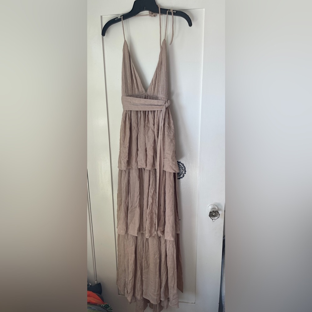 PQ Swim Kristine Tiered Maxi Dress Taupe Neutral Color Gold Thread Swiss Dot NWT - Picture 4 of 8